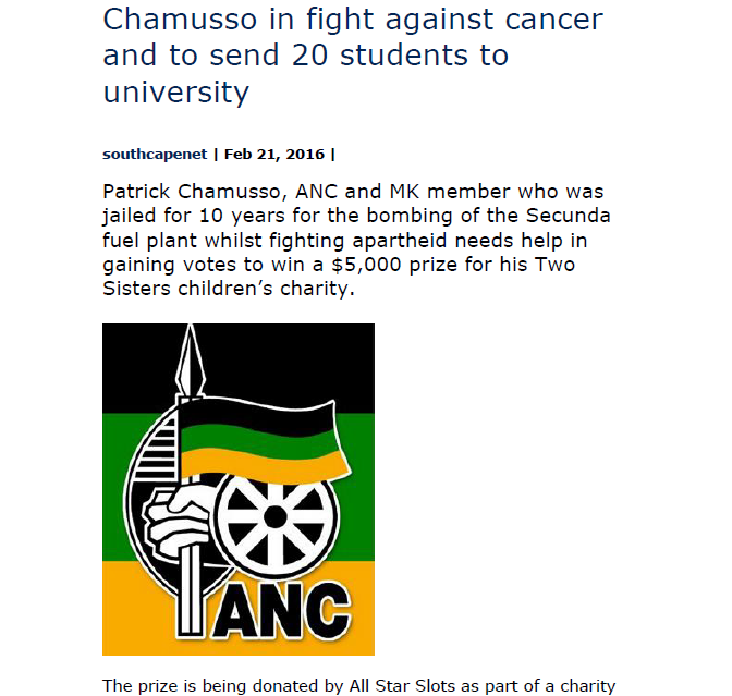 ANC & MK activist Patrick Chamusso in fight against cancer and to send 20 students to university, southcapenet, 21 February 2016